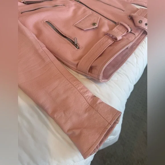 Understated Leather Pink Zipper Belted Collared Biker Jacket Women’s XS - Picture 13 of 13